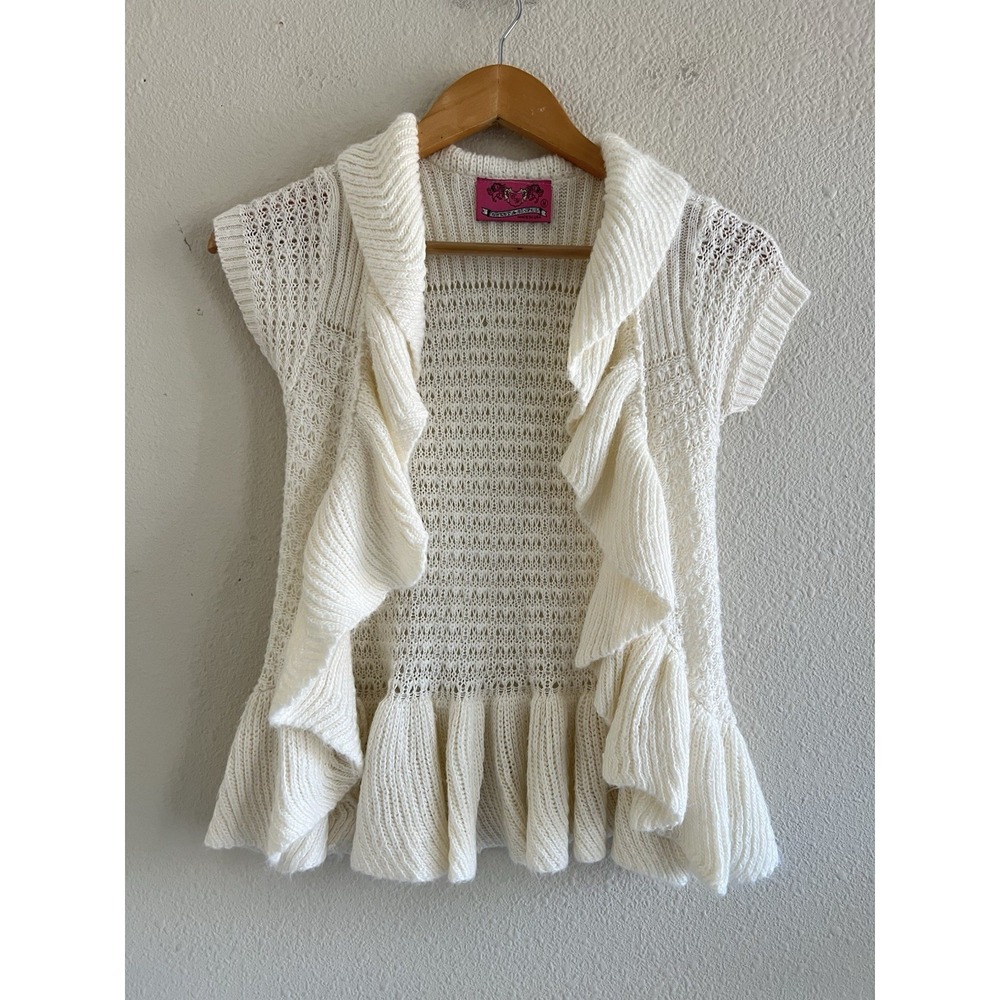Sweet & Sinful Y2K Crochet Cardigan Medium Junior Cream Romantic Dainty Coquette